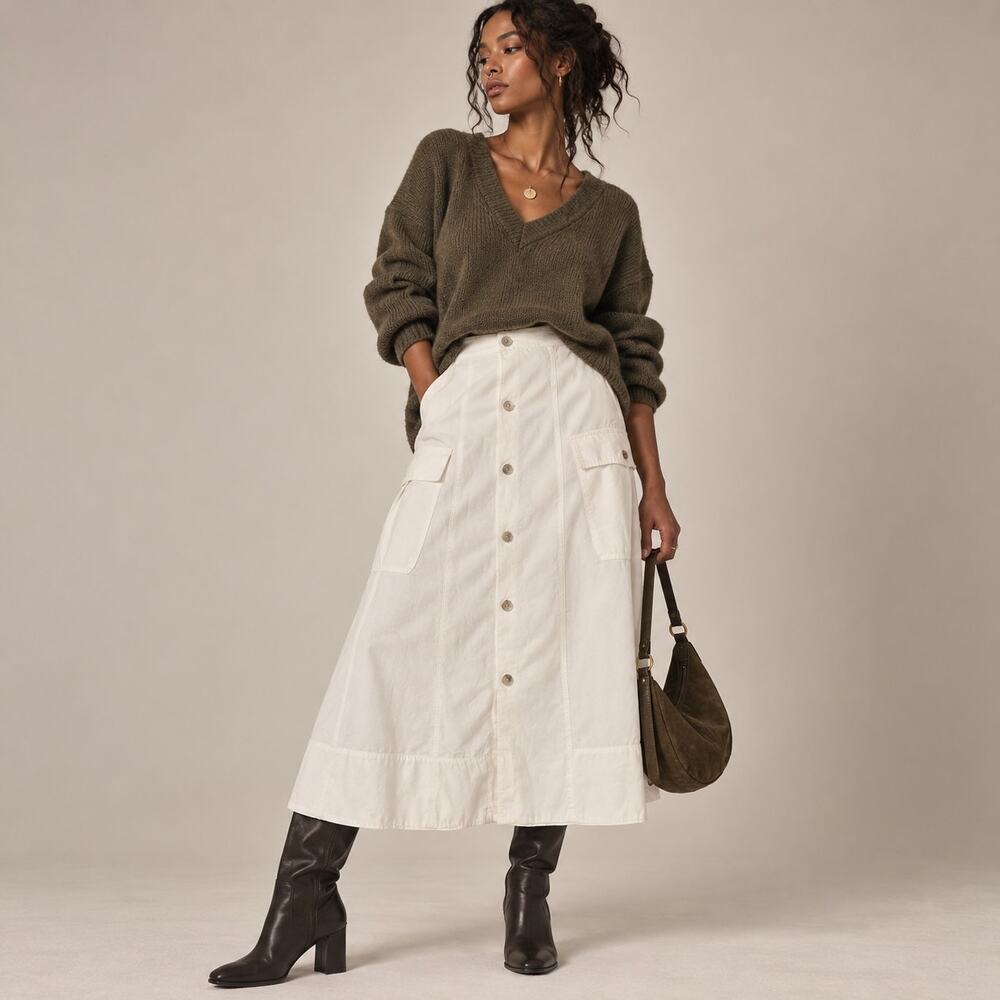 Vince White Linen Blend Cargo Midi Skirt 4 Quiet Luxury Minimalist Resort